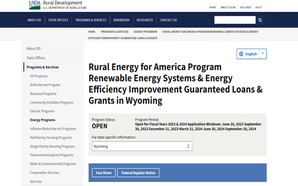 Screenshot displaying an article on the U.S. Department of Agriculture website, titled "Rural Energy for America Program Renewable Energy System and Energy Efficiency Improvement Guaranteed Loans and Grants in Wyoming.